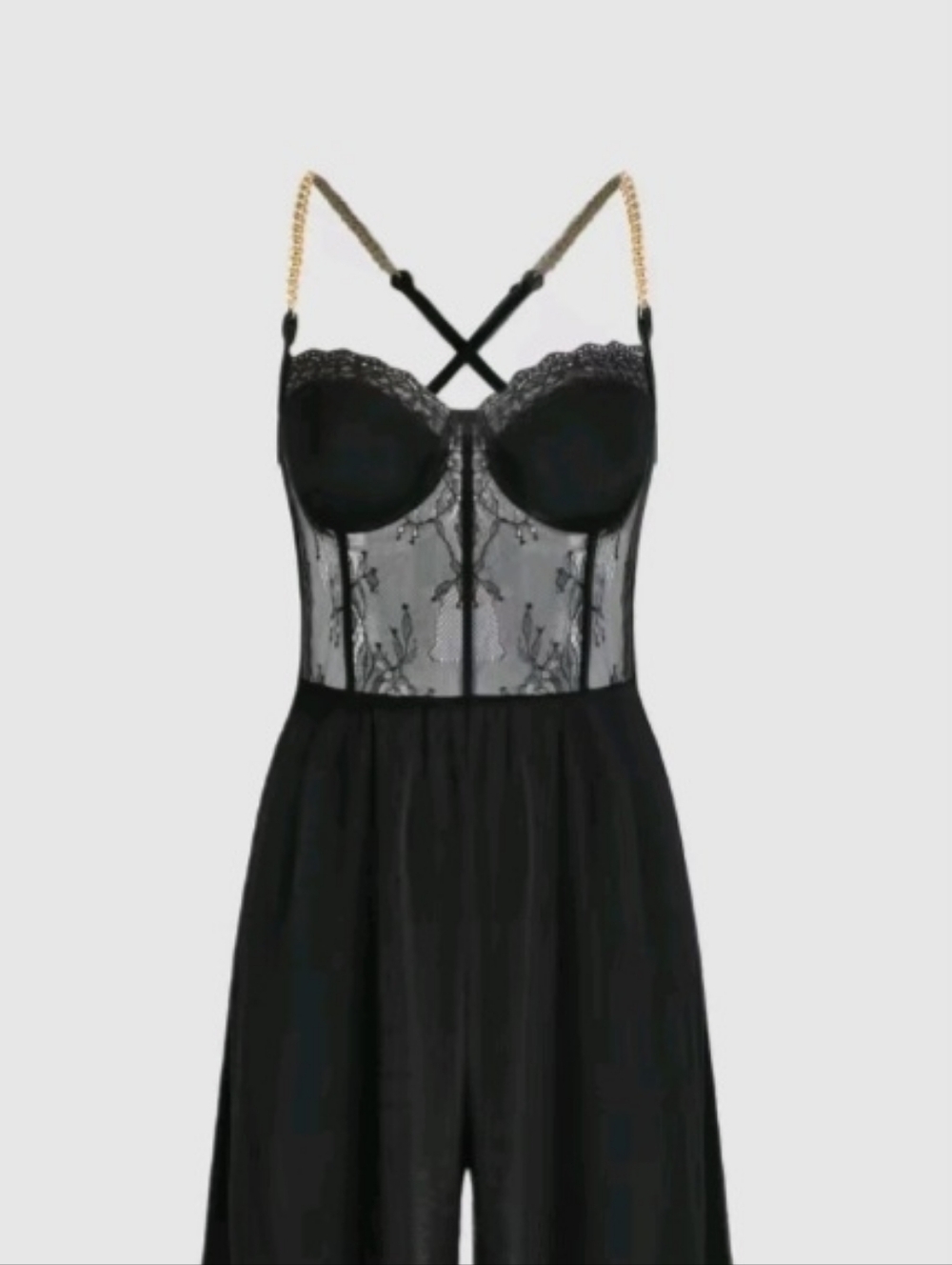 Elegant Black Wide-Leg Jumpsuit with Lace Bodice